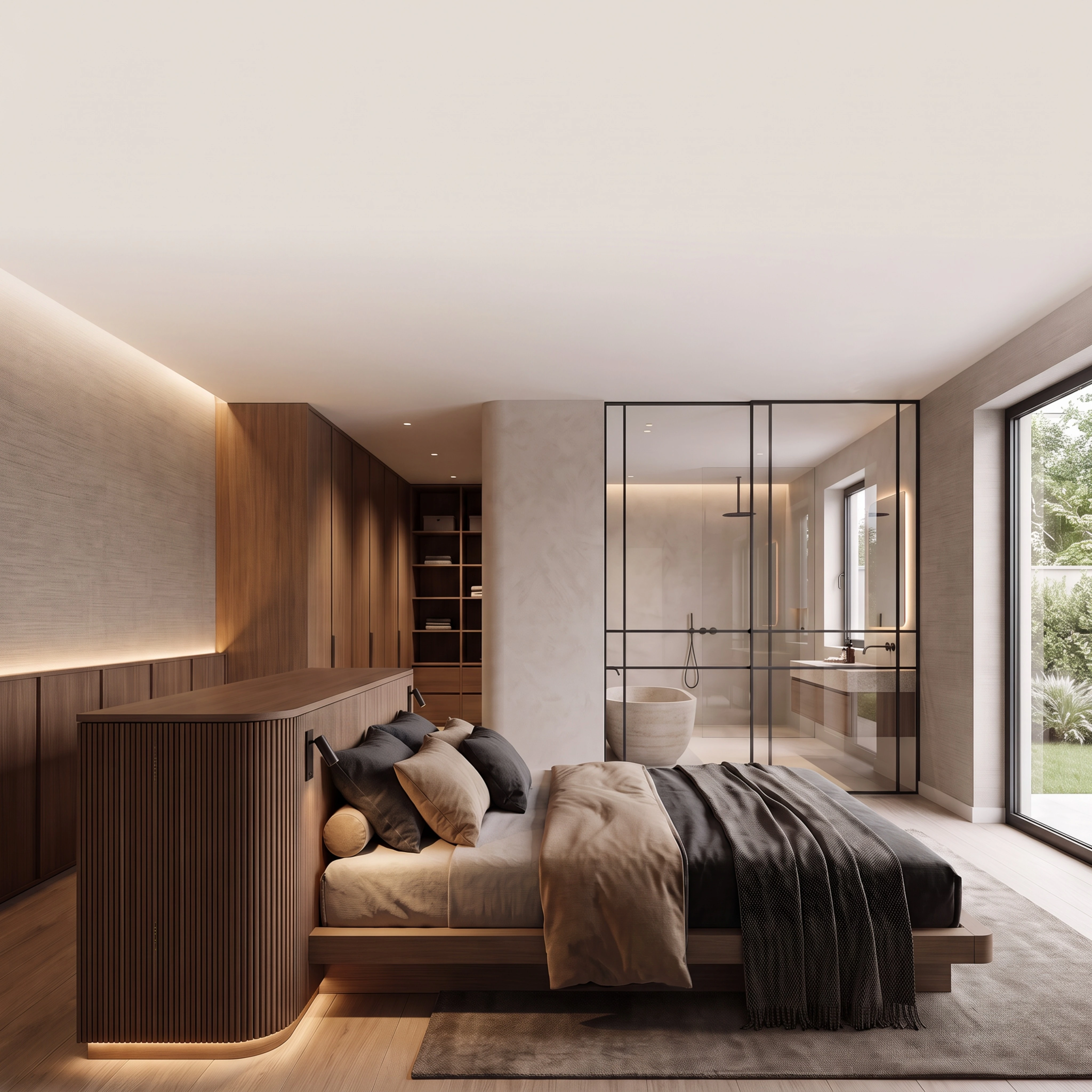 Restructuration intérieure d'une suite parentale sur mesure avec verrière d'atelier, dressing en bois et salle d'eau à Vertou